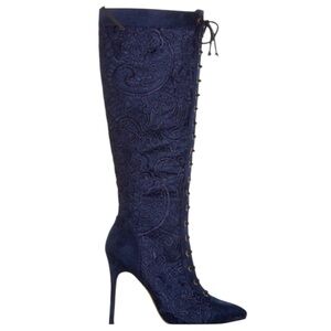 Anika Navy Blue Suede and Lace Stiletto Boots Lace Up Front Detail Side Full Zip